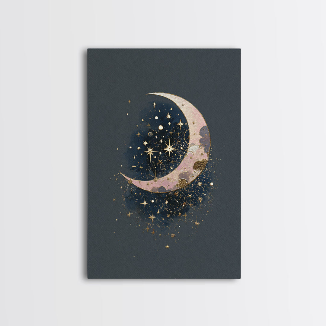 Crescent Moon Cradling a Cluster of Stars Canvas Print, Celestial Art, Art Print, Living Room Decor, Fine Art, Celestial, CEL-2x3-9