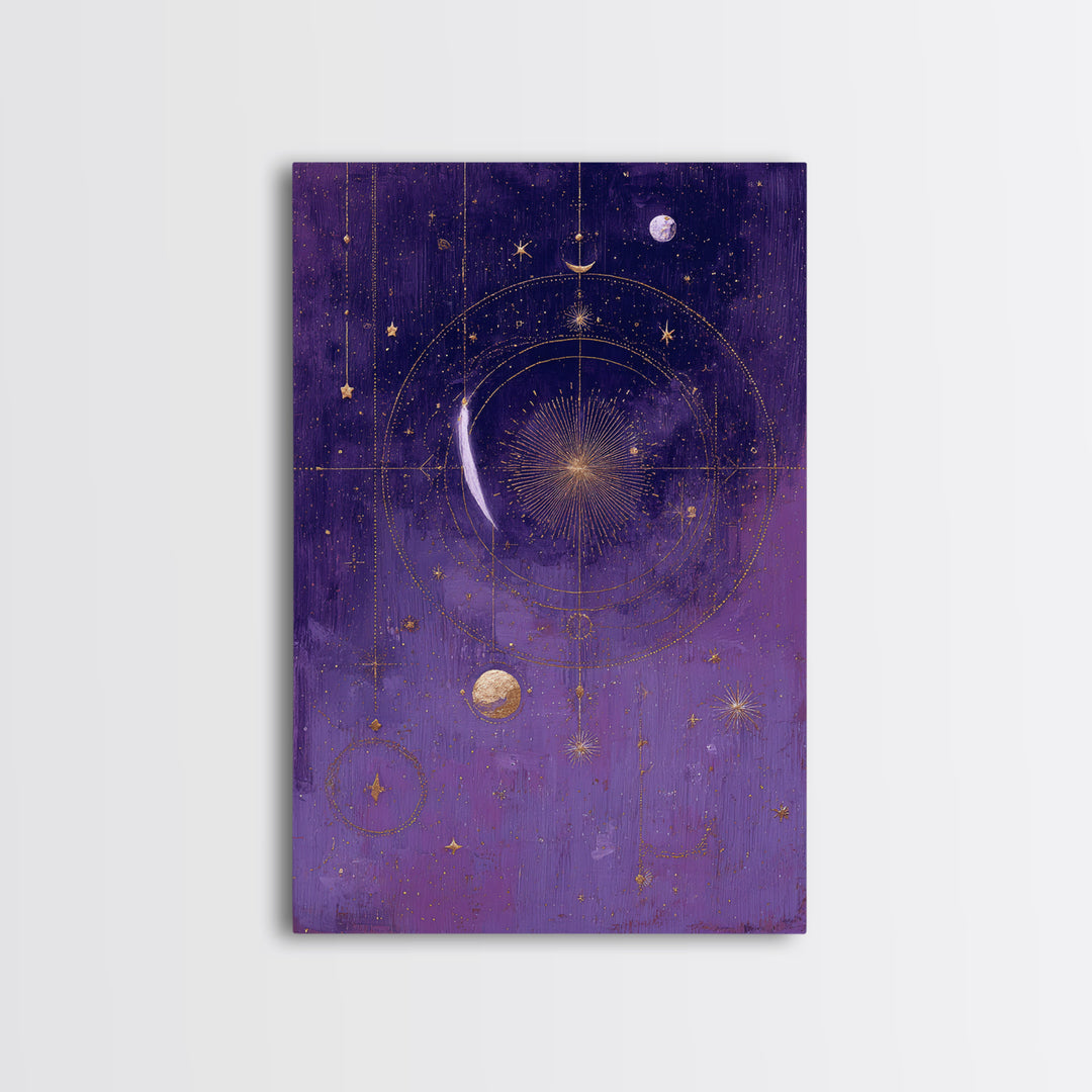 Dreamlike Comet Crossing a Violet Sky Framed Canvas Print, Celestial Art, Colorful Wall Art, Living Room Decor, Abstract Art, CEL-2x3-92