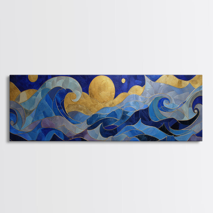 Golden Sun over Abstract Ocean Waves Framed Canvas Print, Celestial Art, Art Nouveau Decor, Living Room Decor, Celestial, CEL-3x1-15