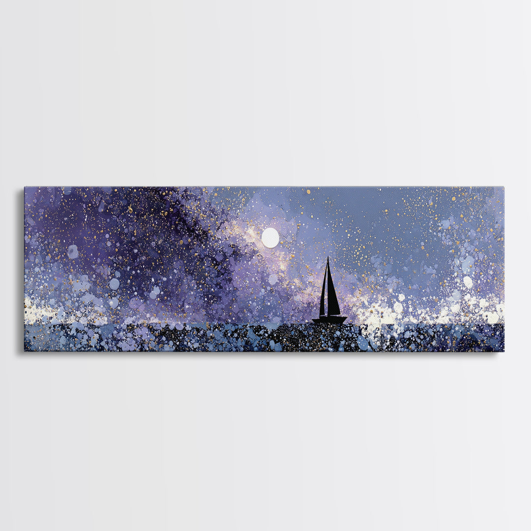 Tiny Sailboat Beneath a Huge Moon Canvas Print, Celestial Art, Statement Artwork, Living Room Decor, Fine Art, Celestial, CEL-3x1-35