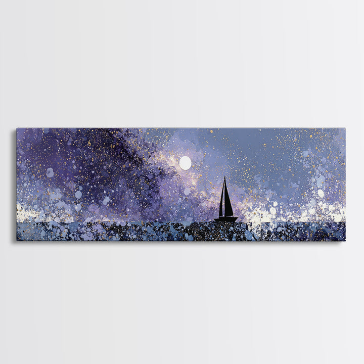 Tiny Sailboat Beneath a Huge Moon Canvas Print, Celestial Art, Statement Artwork, Living Room Decor, Fine Art, Celestial, CEL-3x1-35