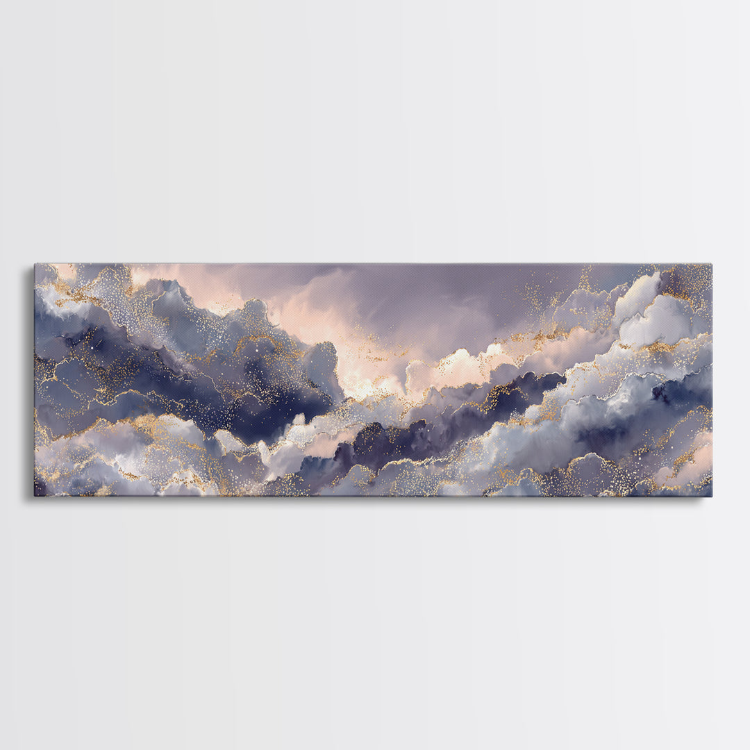 Moonlit Cloudscape with Silver Highlights Canvas Print, Celestial Art, Watercolor Painting, Living Room Decor, Abstract Art, CEL-3x1-49