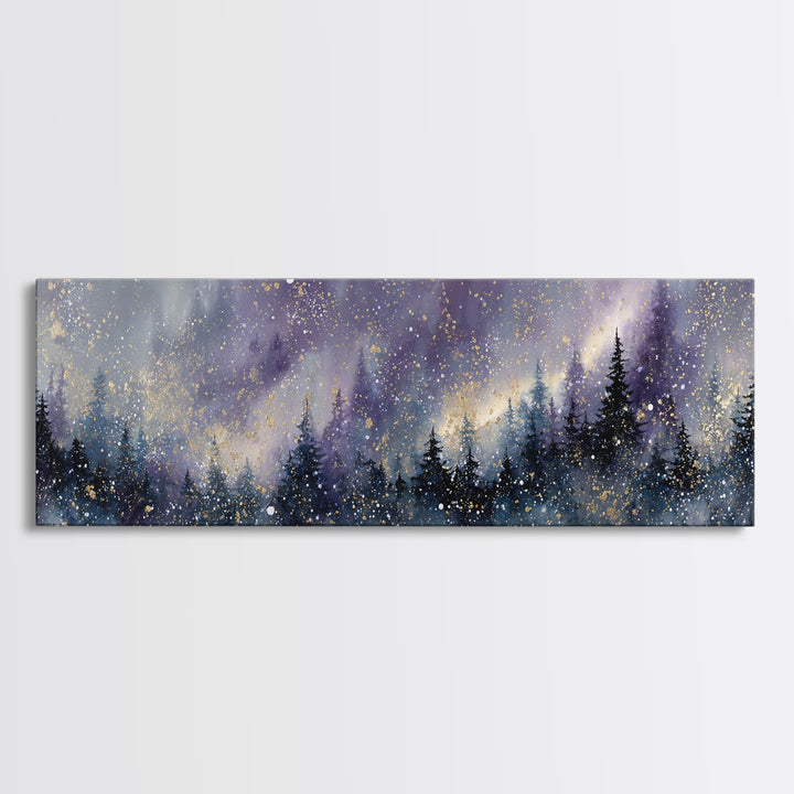 Aurora Borealis over Snowy Pines Framed Canvas Print, Celestial Art, Retro Wall Art, Living Room Decor, Fine Art, Celestial, CEL-3x1-57