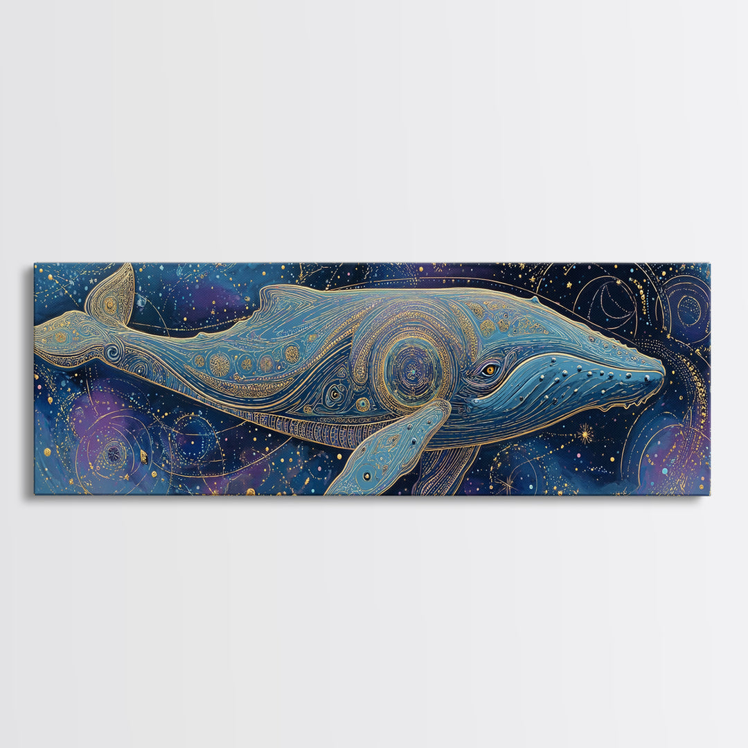 Cosmic Whale Swimming Through a Star Field Framed Canvas Print, Celestial Art, Modern Art, Living Room Decor, Celestial, CEL-3x1-69