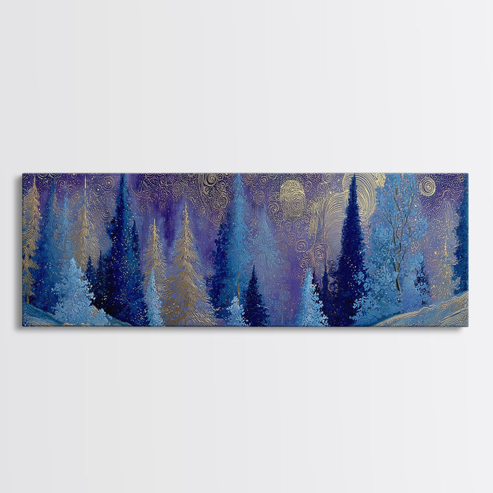 Aurora Borealis over Snowy Pines Framed Canvas Print, Celestial Art, Retro Wall Art, Living Room Decor, Fine Art, Celestial, CEL-3x1-81