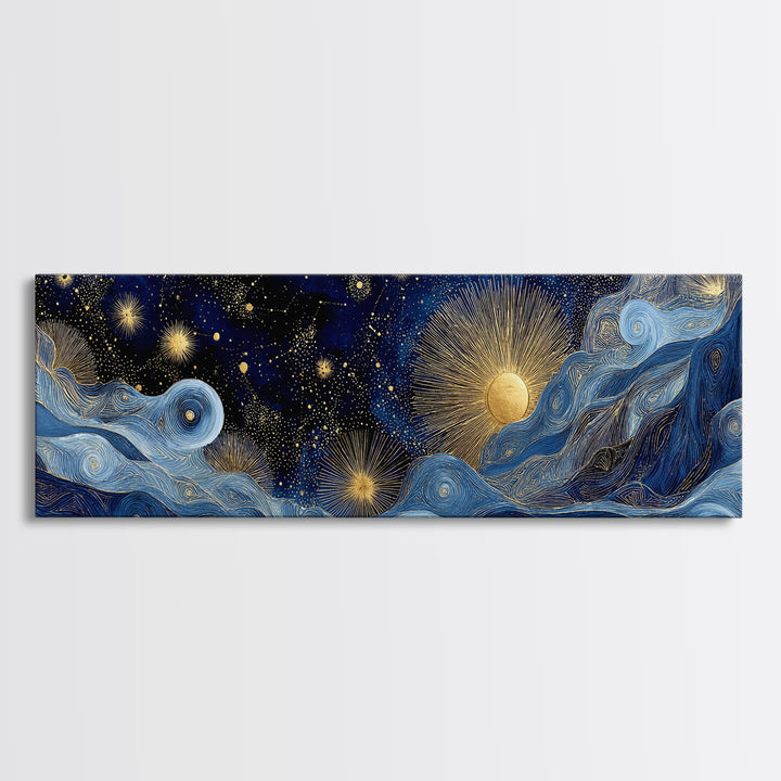 Golden Sun over Abstract Ocean Waves Framed Canvas Print, Celestial Art, Digital Art, Living Room Decor, Watercolor Art, CEL-3x1-87