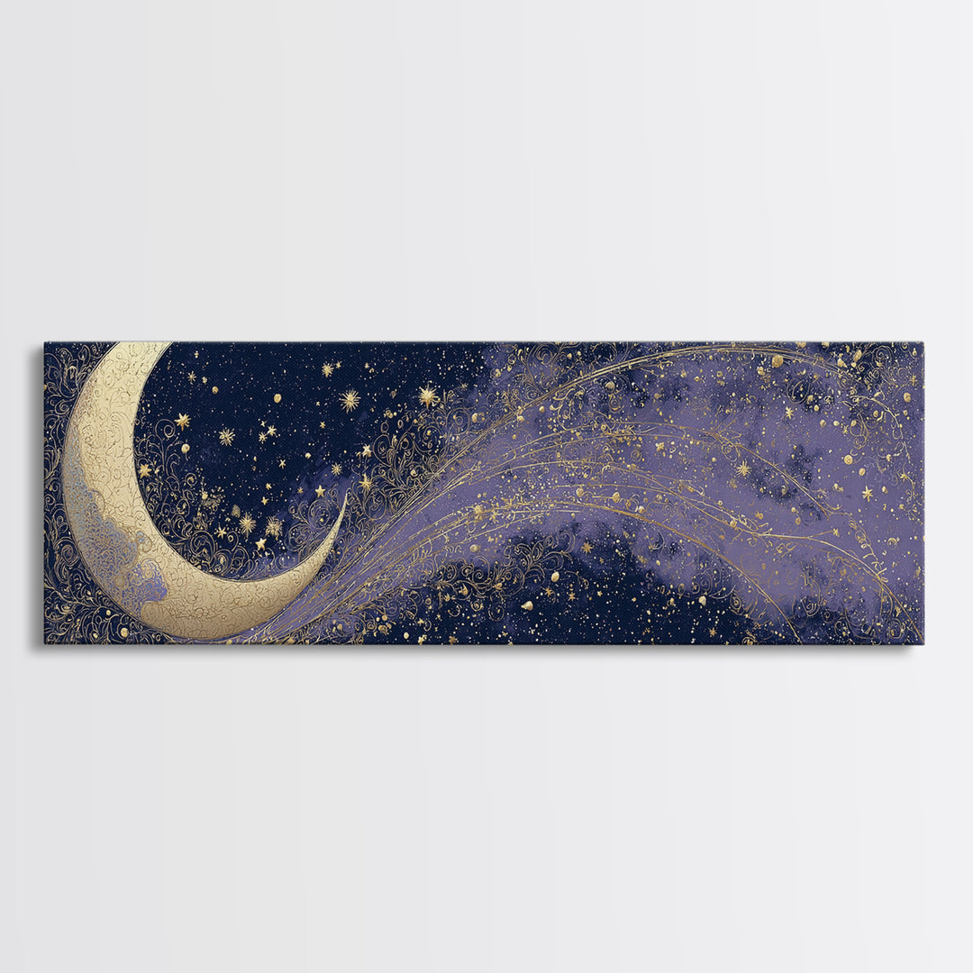 Crescent Moon Cradling a Cluster of Stars Canvas Print, Celestial Art, Digital Download Art, Living Room Decor, Celestial, CEL-3x1-89
