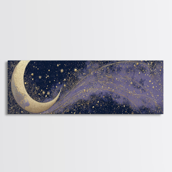Crescent Moon Cradling a Cluster of Stars Canvas Print, Celestial Art, Digital Download Art, Living Room Decor, Celestial, CEL-3x1-89