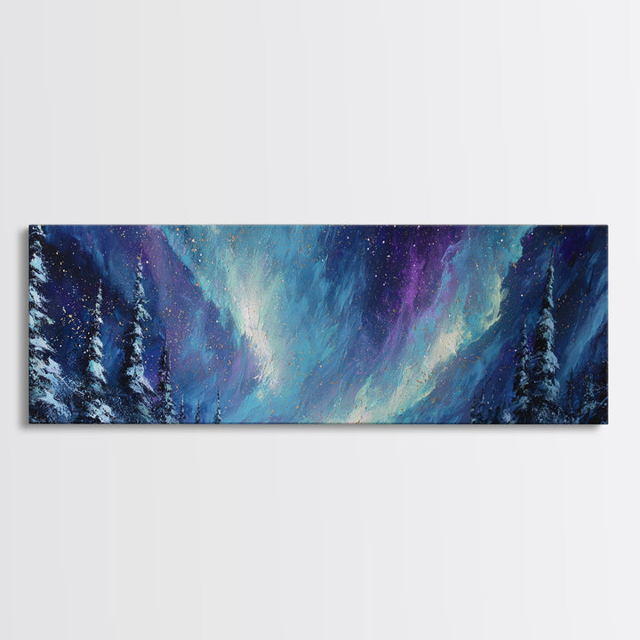 Aurora Borealis over Snowy Pines Framed Canvas Print, Celestial Art, Digital Art, Living Room Decor, Fine Art, Celestial, CEL-3x1-9