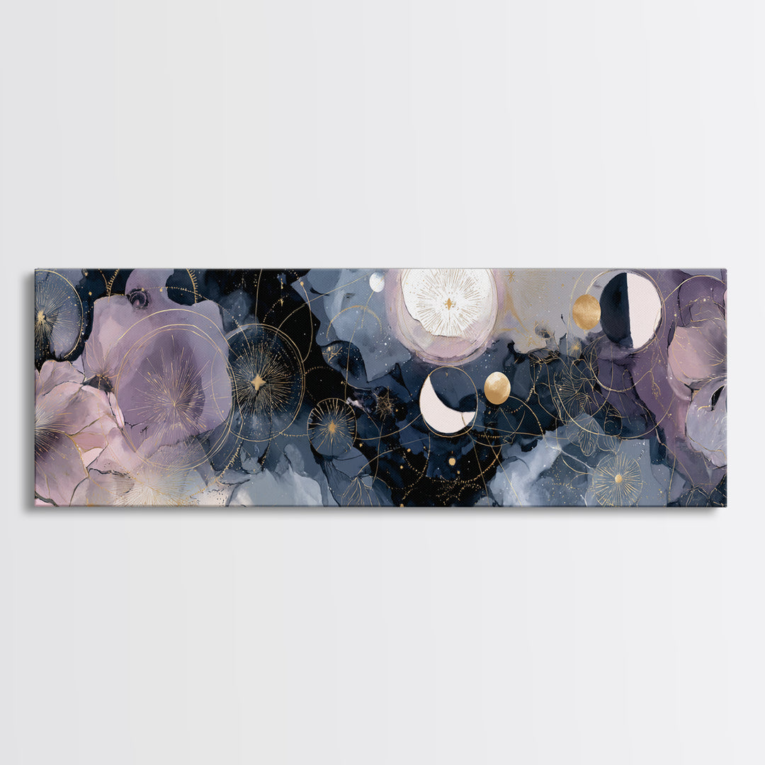 Lunar Phase Arc Above Delicate Botanicals Canvas Print, Celestial Art, Digital Art, Living Room Decor, Fine Art, Celestial, CEL-3x1-92