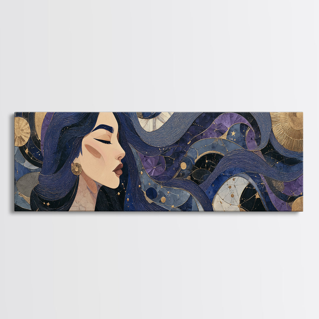 Celestial Goddess with Flowing Midnight Hair Canvas Print, Celestial Art, Gallery Decor, Living Room Decor, Fine Art, Celestial, CEL-3x1-95