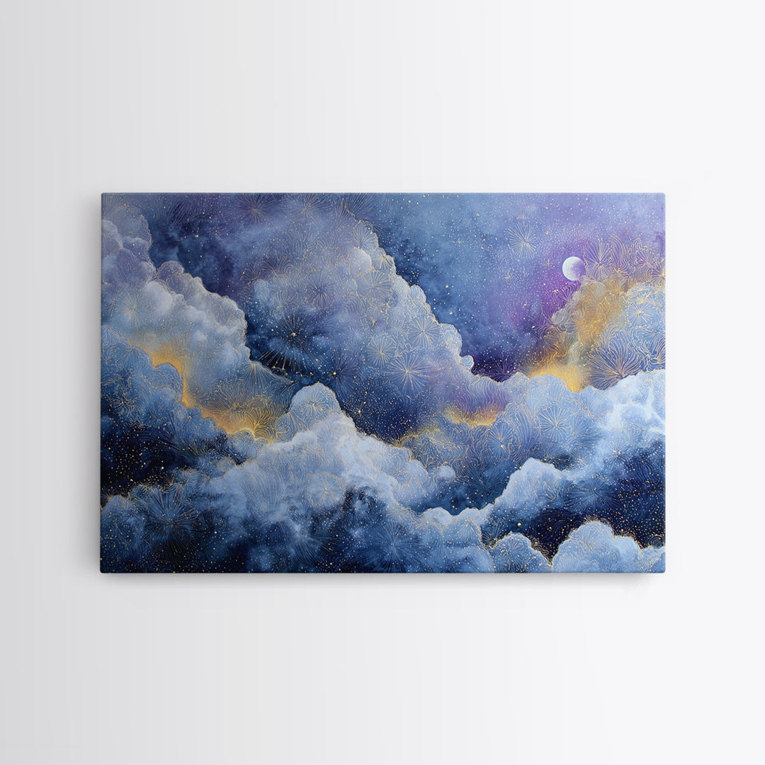 Moonlit Cloudscape with Silver Highlights Canvas Print, Celestial Art, Printable Art, Living Room Decor, Celestial, CEL-3x2-13