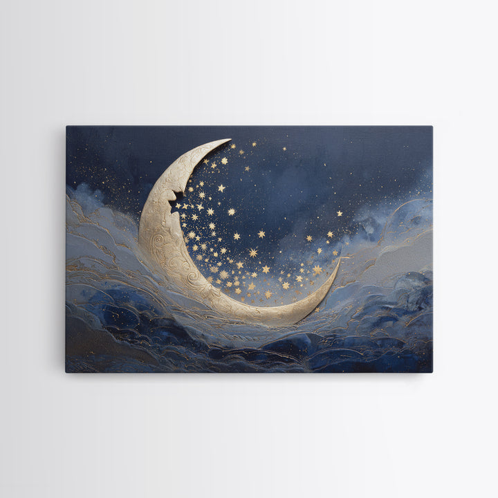 Crescent Moon Cradling a Cluster of Stars Canvas Print, Celestial Art, Modern Art, Living Room Decor, Fine Art, Celestial, CEL-3x2-29