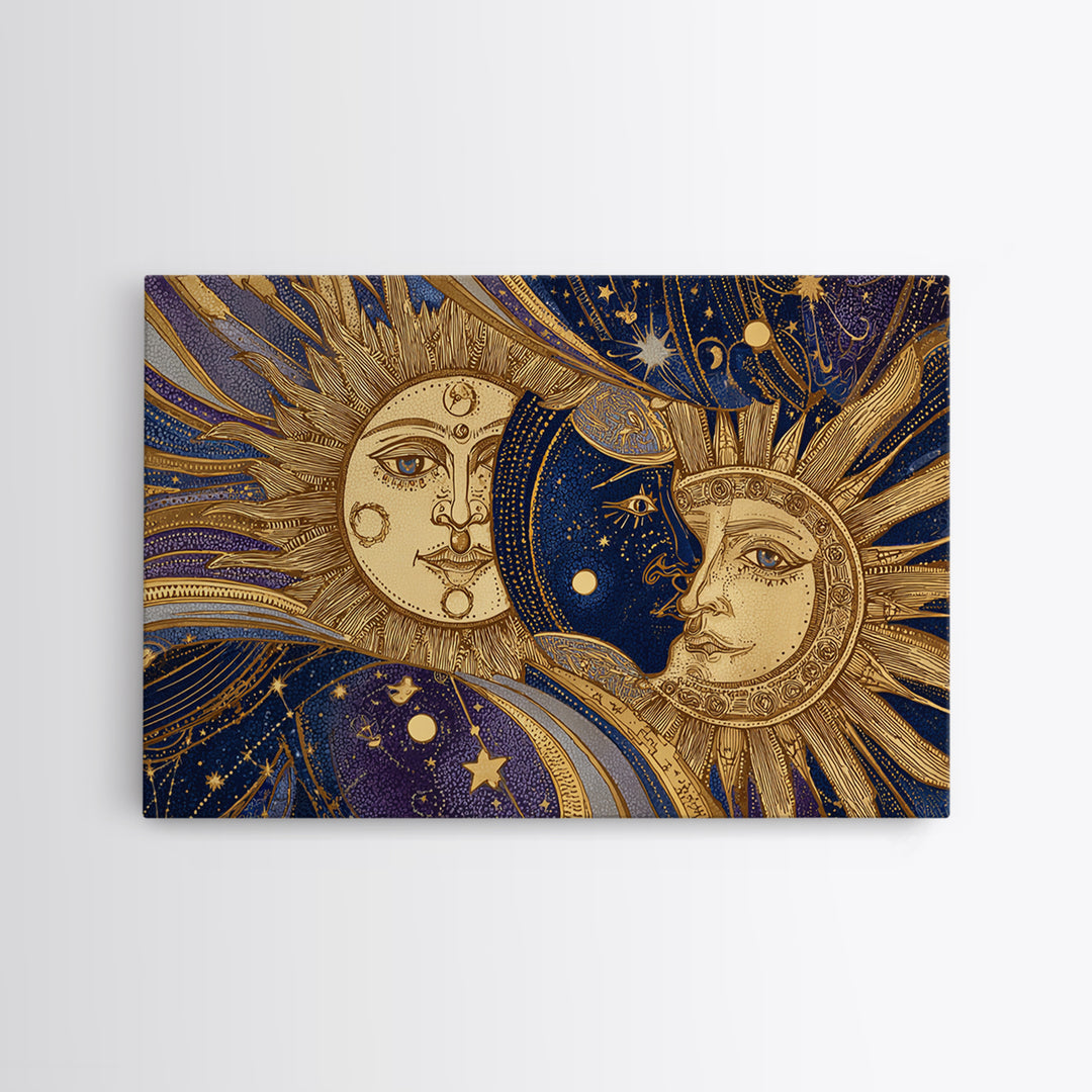 Sun and Moon Faces Canvas Print, Celestial Art, Boho Wall Art, Living Room Decor, Fine Art, Celestial, Boho Home Decor, CEL-3x2-54