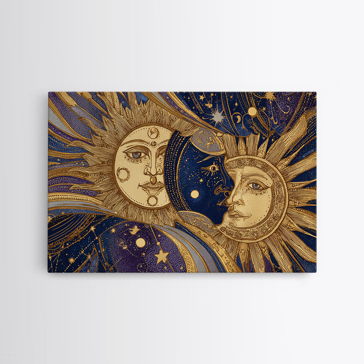 Sun and Moon Faces Canvas Print, Celestial Art, Boho Wall Art, Living Room Decor, Fine Art, Celestial, Boho Home Decor, CEL-3x2-54