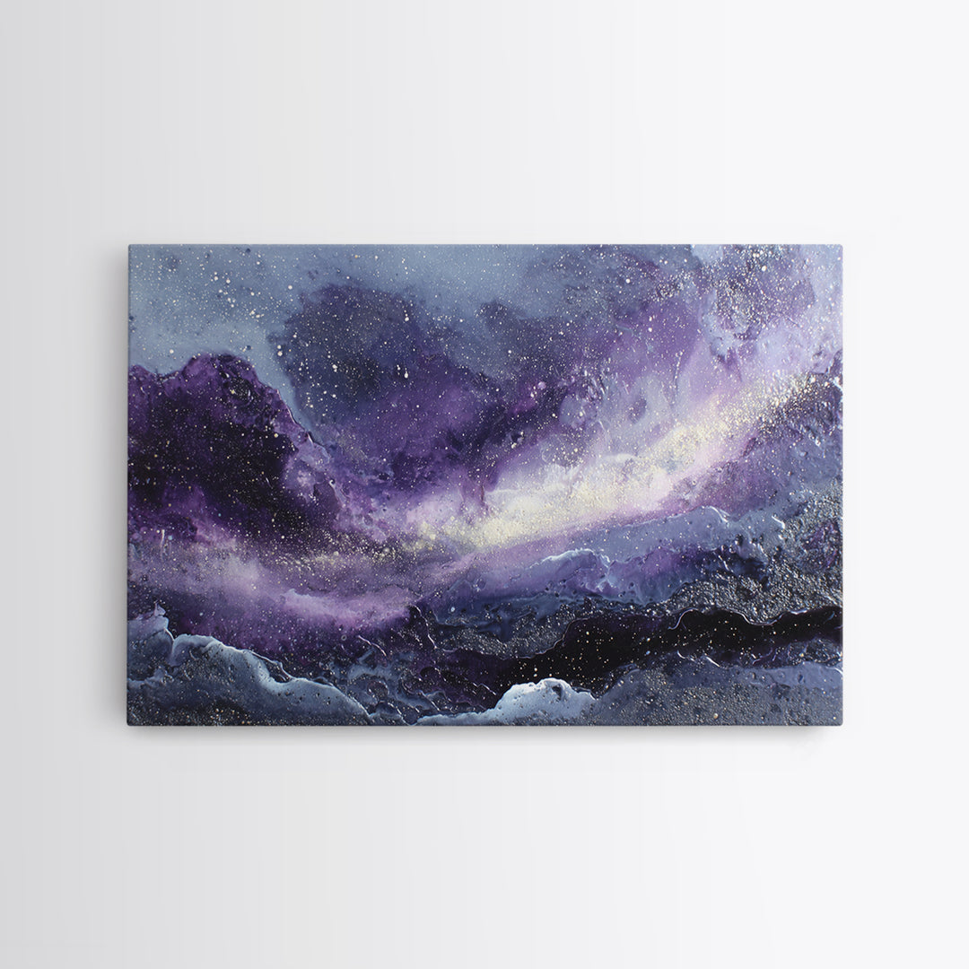 Dreamlike Comet Crossing a Violet Sky Framed Canvas Print, Celestial Art, Colorful Wall Art, Living Room Decor, Abstract Art, CEL-3x2-64