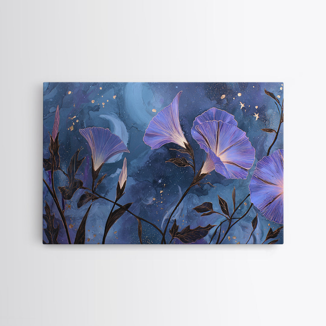 Moon Garden with Night Blooming Flowers Canvas Print, Celestial Art, Mushroom Decor, Living Room Decor, Oil Painting, Celestial, CEL-3x2-73