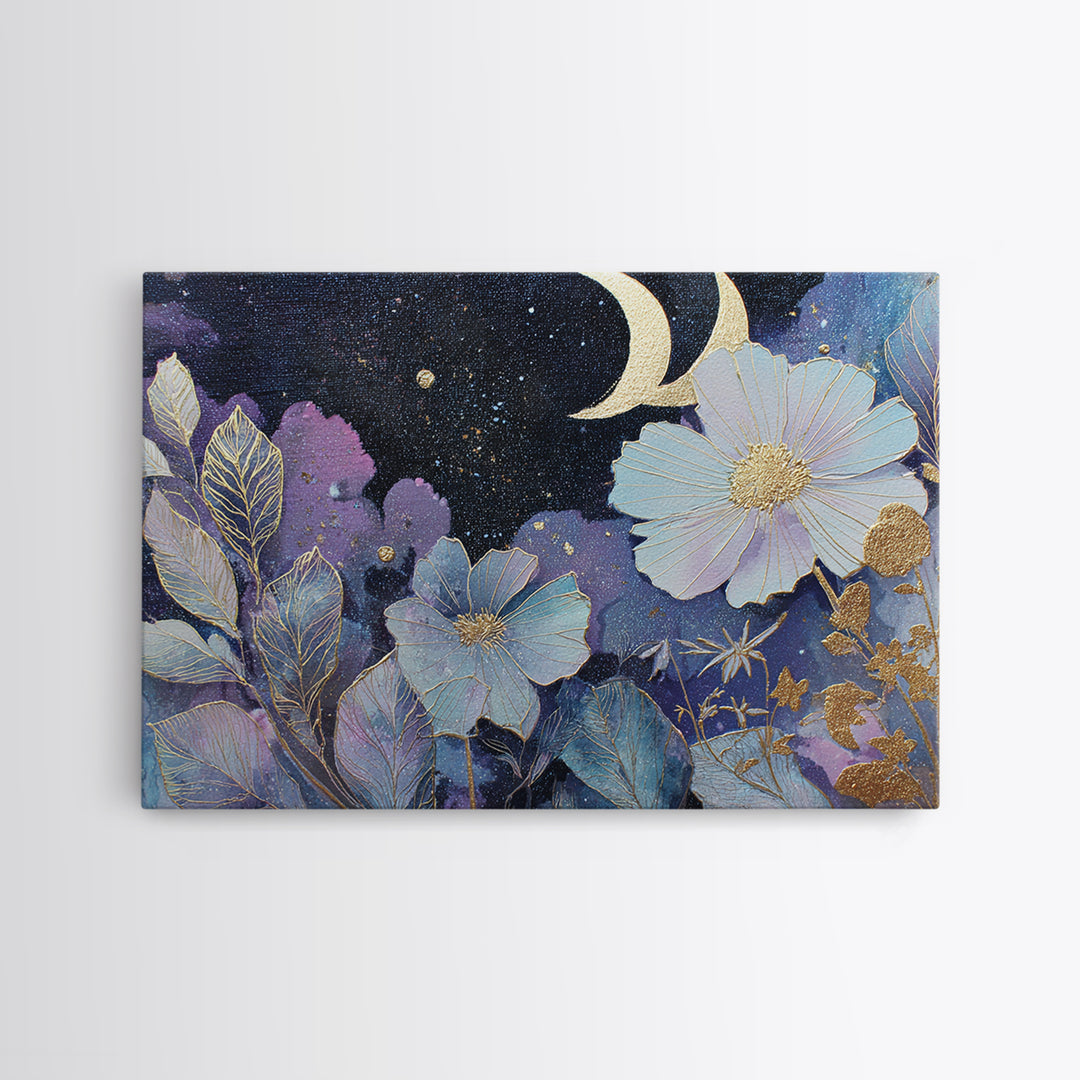Lunar Phase Arc Above Delicate Botanicals Framed Canvas Print, Celestial Art, Art Prints, Living Room Decor, Celestial, CEL-3x2-8