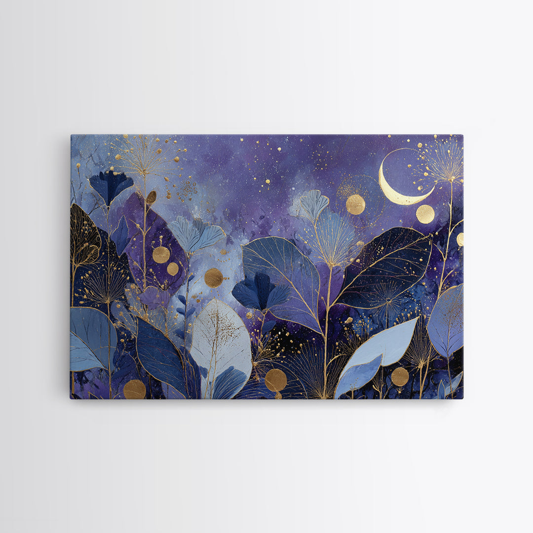 Lunar Phase Arc Above Delicate Botanicals Framed Canvas Print, Celestial Art, Art Nouveau Decor, Living Room Decor, Celestial, CEL-3x2-80