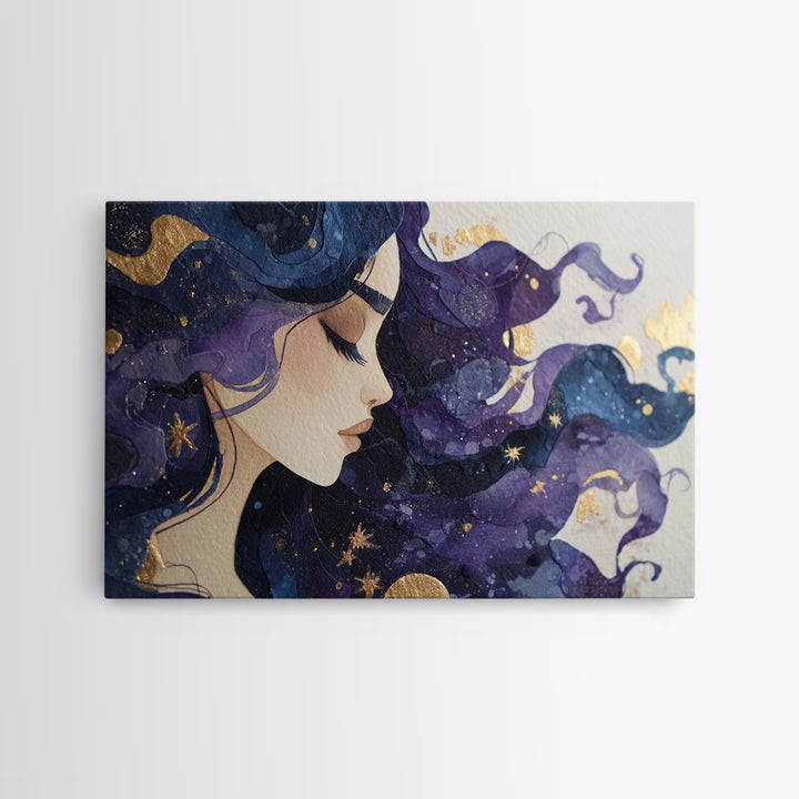 Celestial Goddess with Flowing Midnight Hair Canvas Print, Celestial Art, Neutral Decor, Living Room Decor, Fine Art, Celestial, CEL-3x2-83