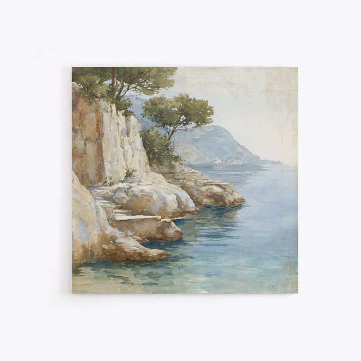 Mediterranean Cove with Cliff Shadows Framed Canvas Print, Coastal Art, Gallery Decor, Coastal Decor, Fine Art, Coastal, COA-1x1-41