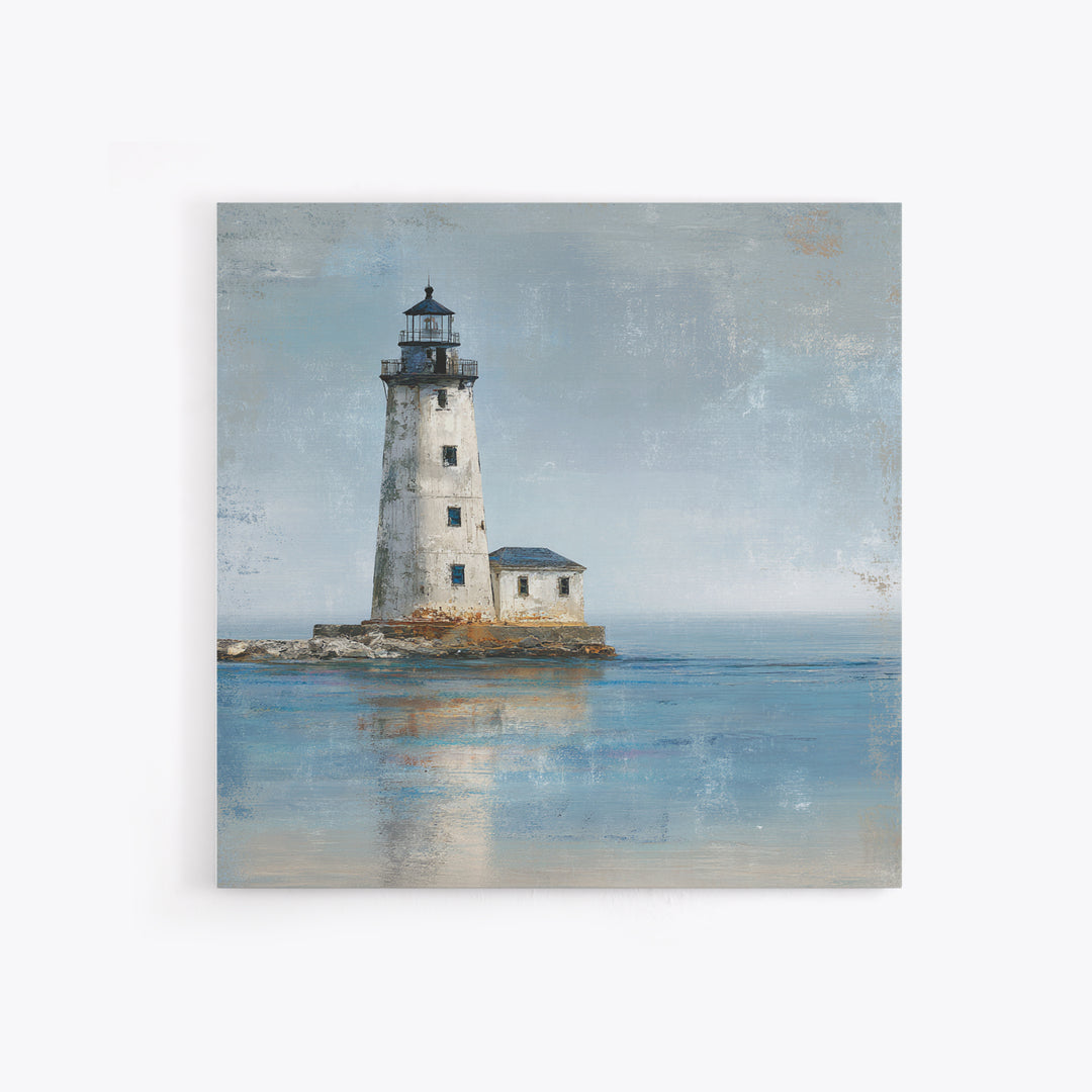 Whitewashed Lighthouse Against Cloudy Sky Canvas Print, Coastal Art, Living Room Art, Coastal Decor, Oil Painting, Coastal, COA-1x1-54