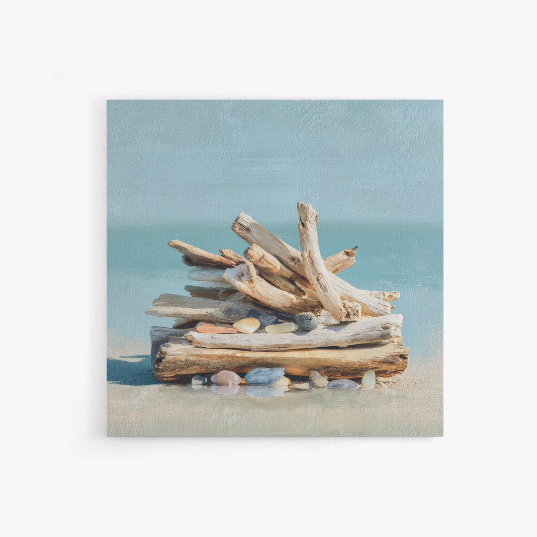 Driftwood and Sea Glass Still Life Canvas Print, Coastal Art, Ocean Wall Art, Coastal Decor, Watercolor Art, Coastal, COA-1x1-55