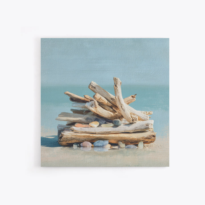 Driftwood and Sea Glass Still Life Canvas Print, Coastal Art, Ocean Wall Art, Coastal Decor, Watercolor Art, Coastal, COA-1x1-55