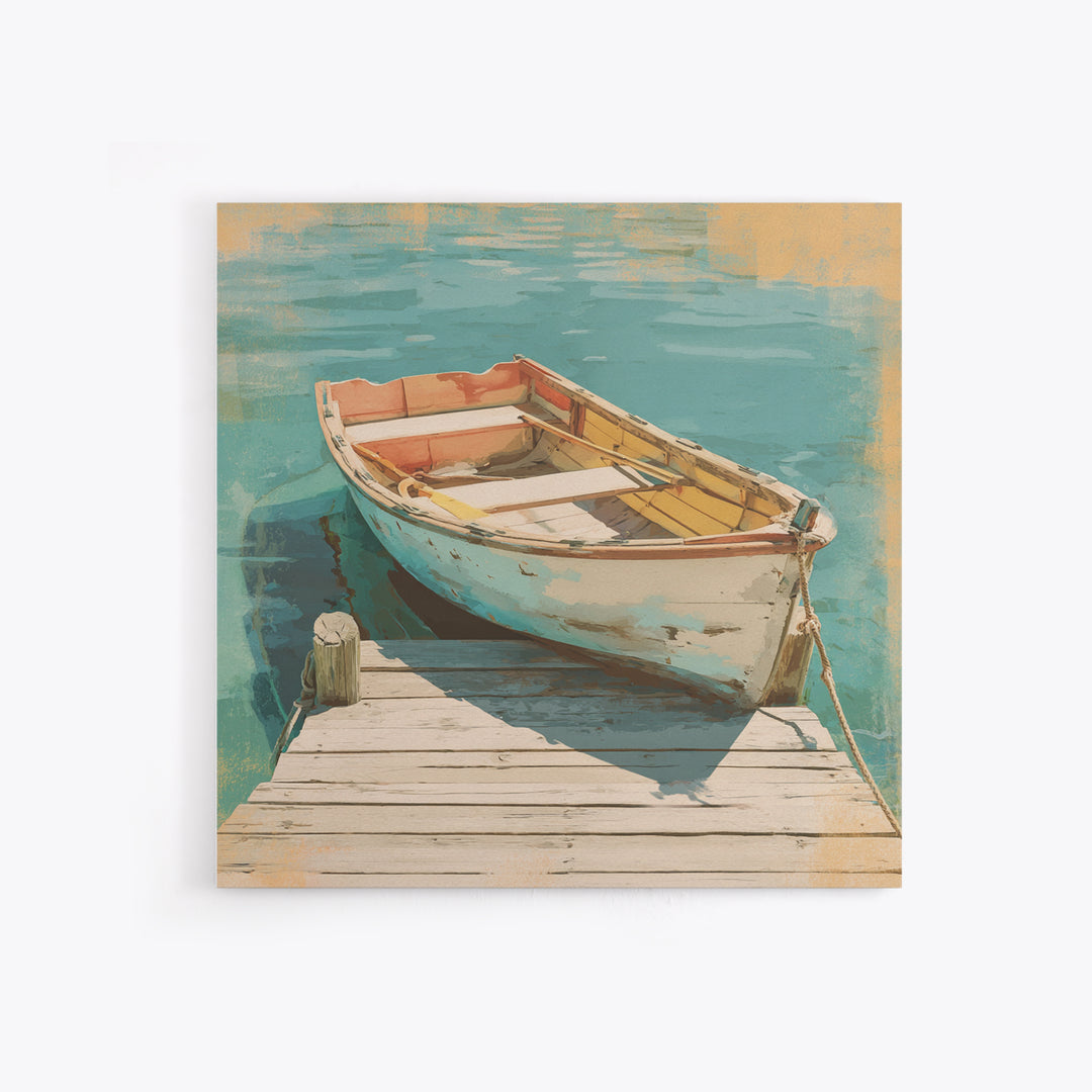 Small Rowboat Tied to a Wooden Dock Framed Canvas Print, Coastal Art, Gallery Decor, Coastal Decor, Fine Art, Coastal, COA-1x1-67