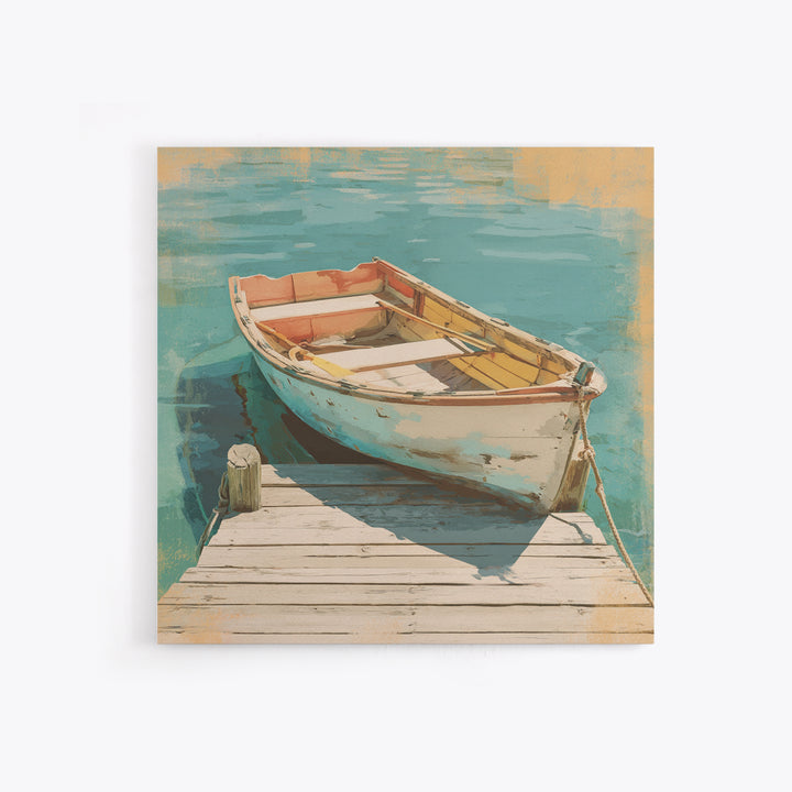 Small Rowboat Tied to a Wooden Dock Framed Canvas Print, Coastal Art, Gallery Decor, Coastal Decor, Fine Art, Coastal, COA-1x1-67