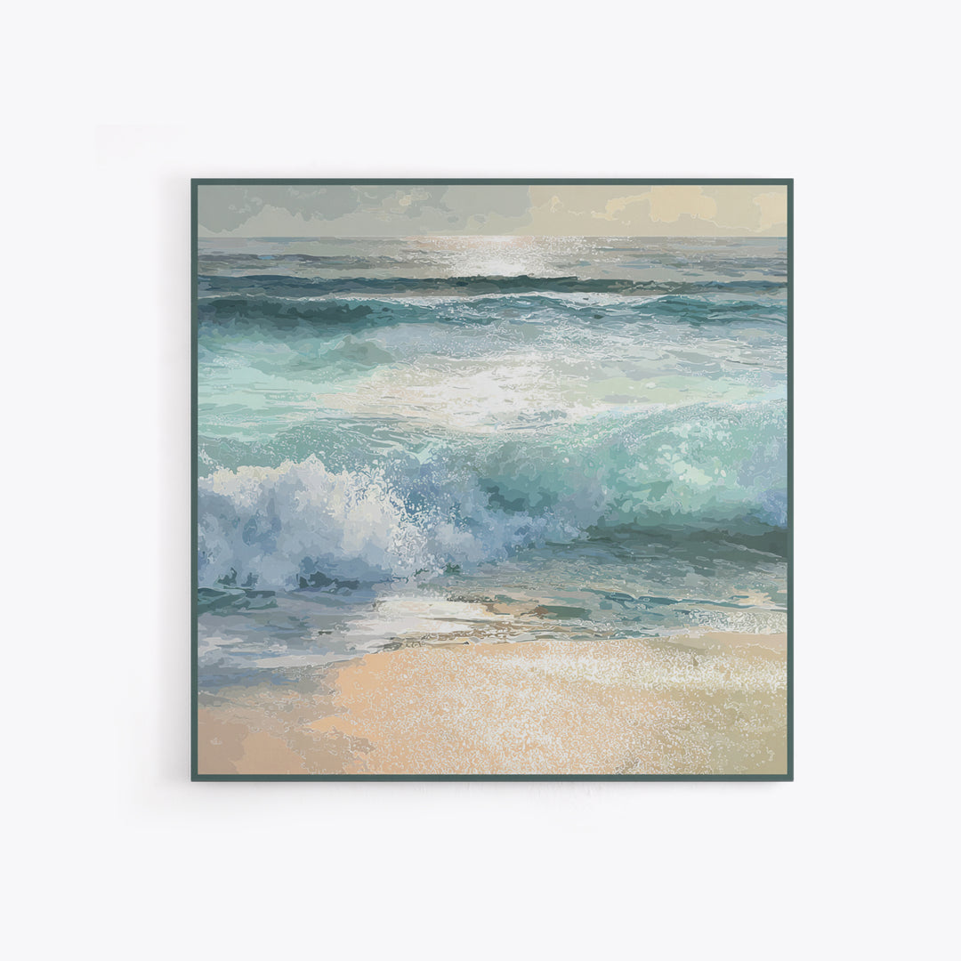 Moonlit Ocean with Silver Surf Framed Canvas Print, Coastal Art, Coastal Wall Decor, Coastal Decor, Oil Painting, Coastal, COA-1x1-70