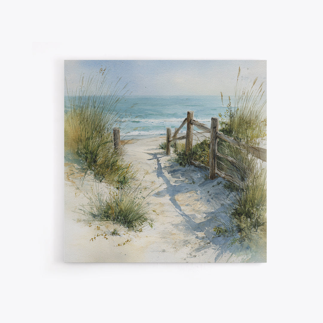 Soft Watercolor Dune Fence Scene Framed Canvas Print, Coastal Art, Textured Painting, Coastal Decor, Fine Art, Coastal, COA-1x1-88
