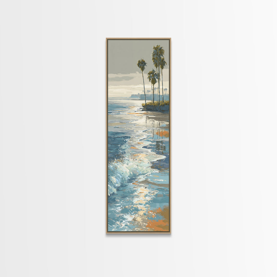 Moonlit Ocean with Silver Surf Framed Canvas Print, Coastal Art, Living Room Art, Coastal Decor, Watercolor Art, Coastal, COA-1x3-58
