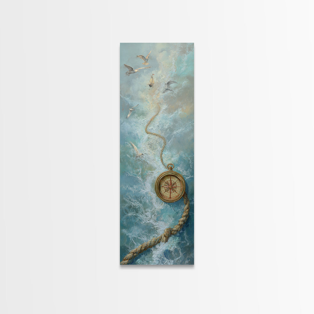 Weathered Nautical Rope and Brass Compass Framed Canvas Print, Coastal Art, Coastal Decor, Fine Art, Coastal, Fine Art Print, COA-1x3-75