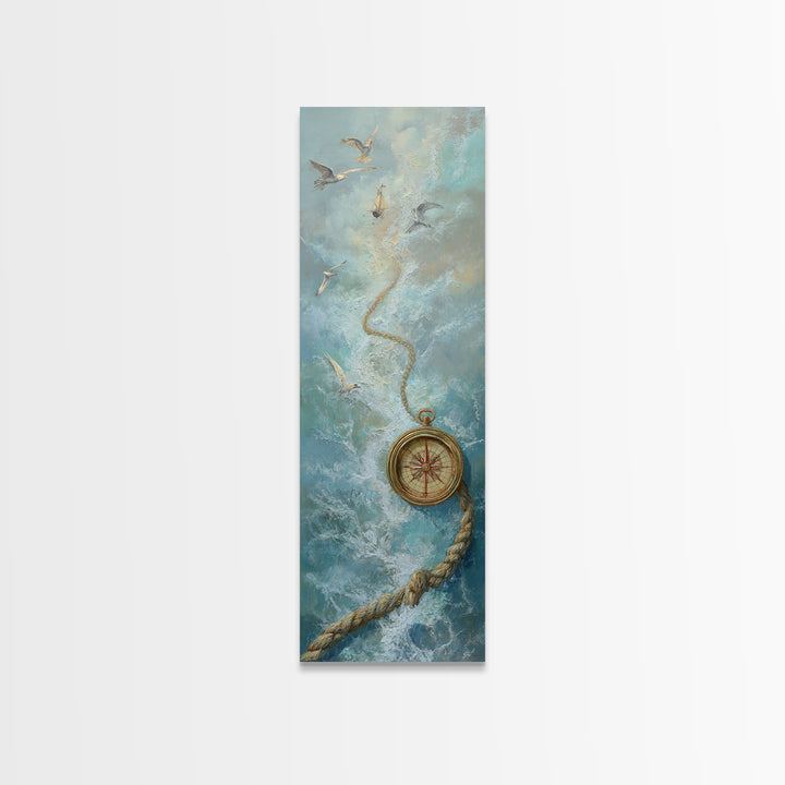 Weathered Nautical Rope and Brass Compass Framed Canvas Print, Coastal Art, Coastal Decor, Fine Art, Coastal, Fine Art Print, COA-1x3-75