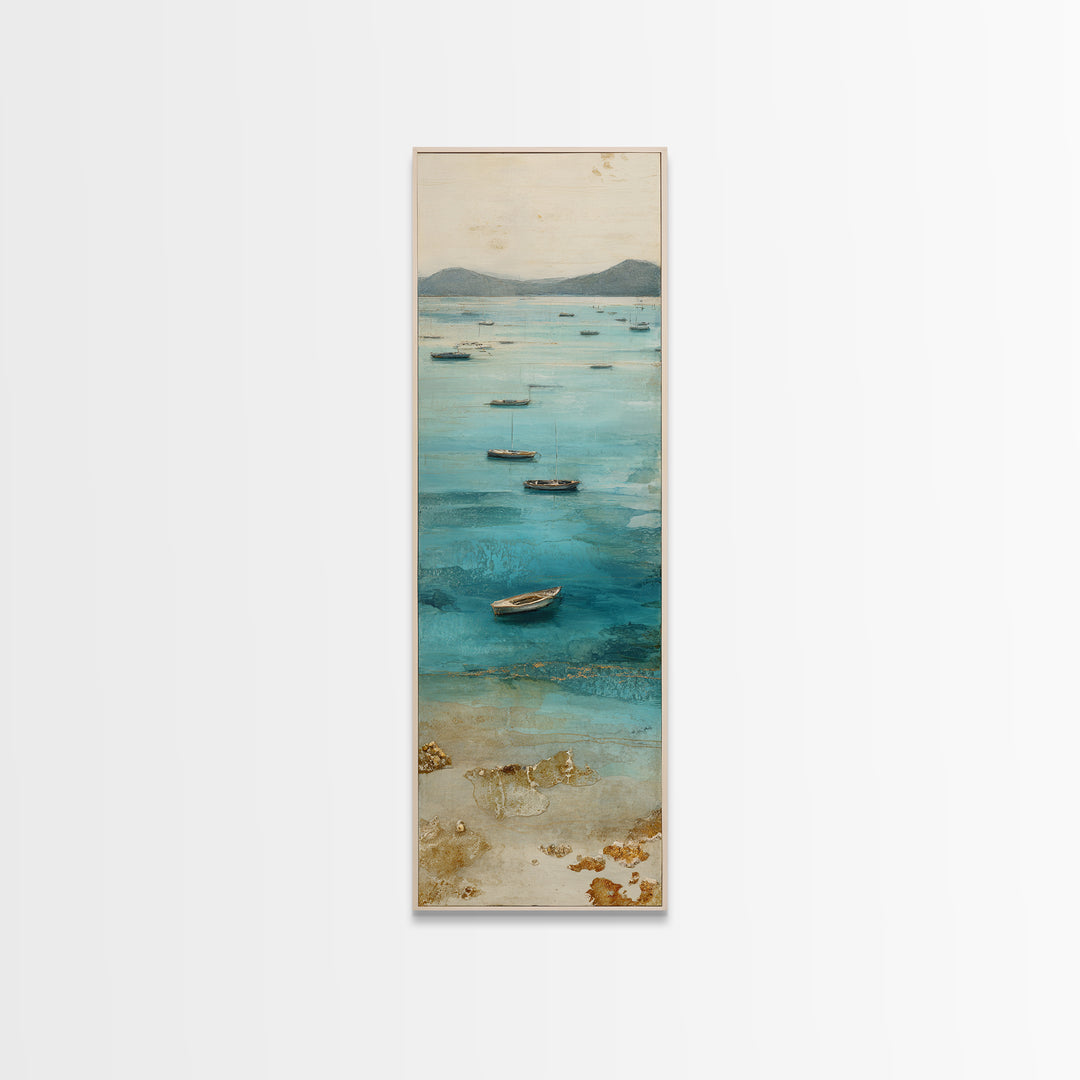 Foggy Harbor with Distant Boats Framed Canvas Print, Coastal Art, Beach Decor, Coastal Decor, Abstract Art, Coastal, COA-1x3-96