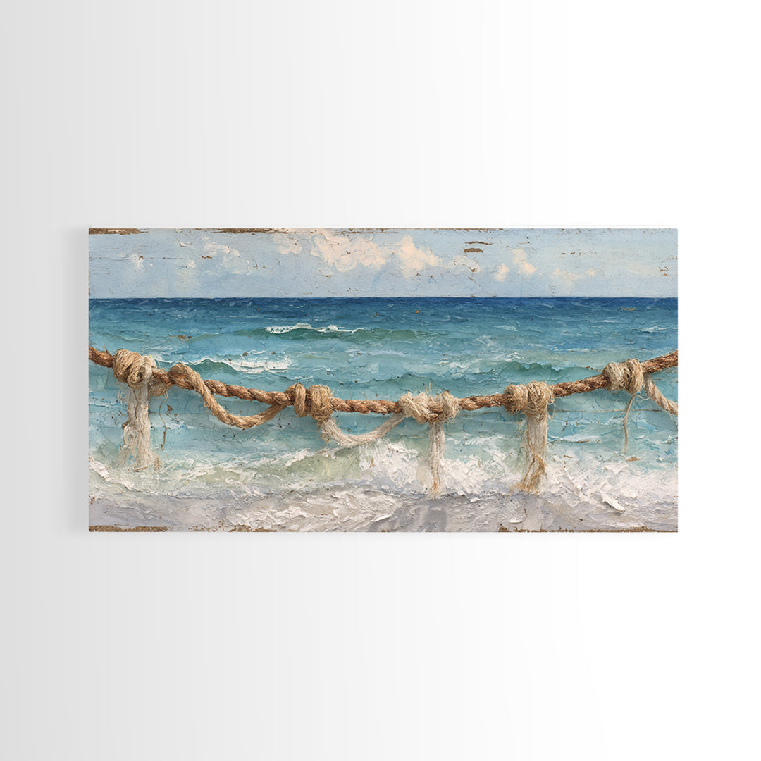 Weathered Nautical Rope and Brass Compass Framed Canvas Print, Coastal Art, Coastal Decor, Oil Painting, Coastal, COA-2x1-35