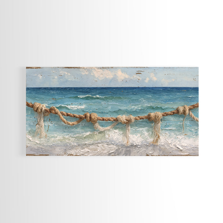 Weathered Nautical Rope and Brass Compass Framed Canvas Print, Coastal Art, Coastal Decor, Oil Painting, Coastal, COA-2x1-35