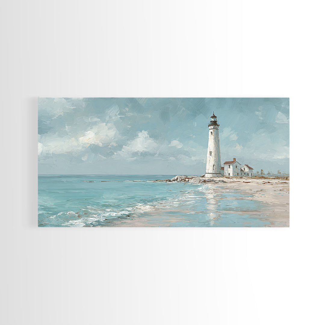 Whitewashed Lighthouse Against Cloudy Sky Framed Canvas Print, Coastal Art, Minimalist Decor, Coastal Decor, Fine Art, Coastal, COA-2x1-50