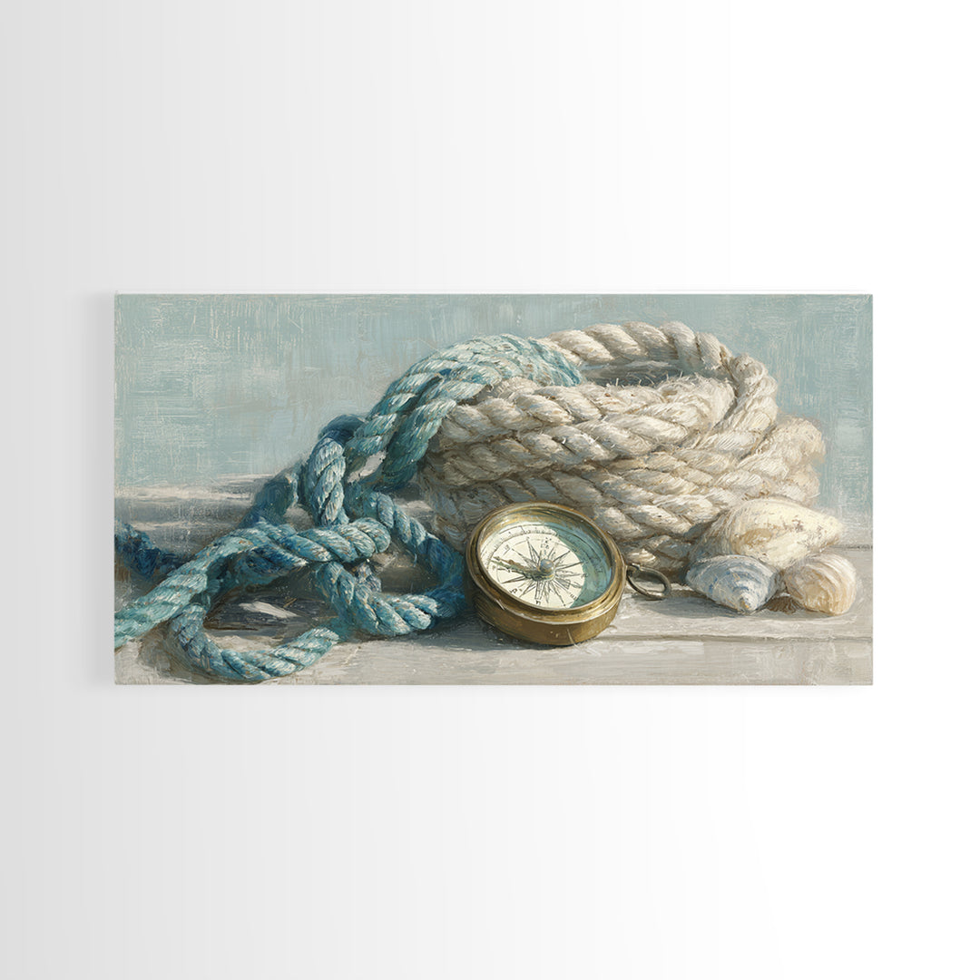 Weathered Nautical Rope and Brass Compass Framed Canvas Print, Coastal Art, Landscape Painting, Coastal Decor, Watercolor Art, COA-2x1-59