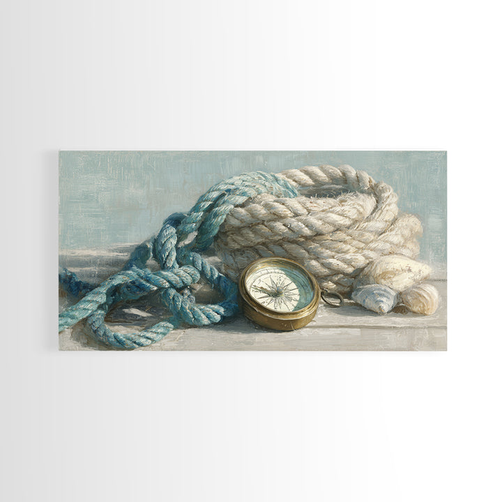 Weathered Nautical Rope and Brass Compass Framed Canvas Print, Coastal Art, Landscape Painting, Coastal Decor, Watercolor Art, COA-2x1-59