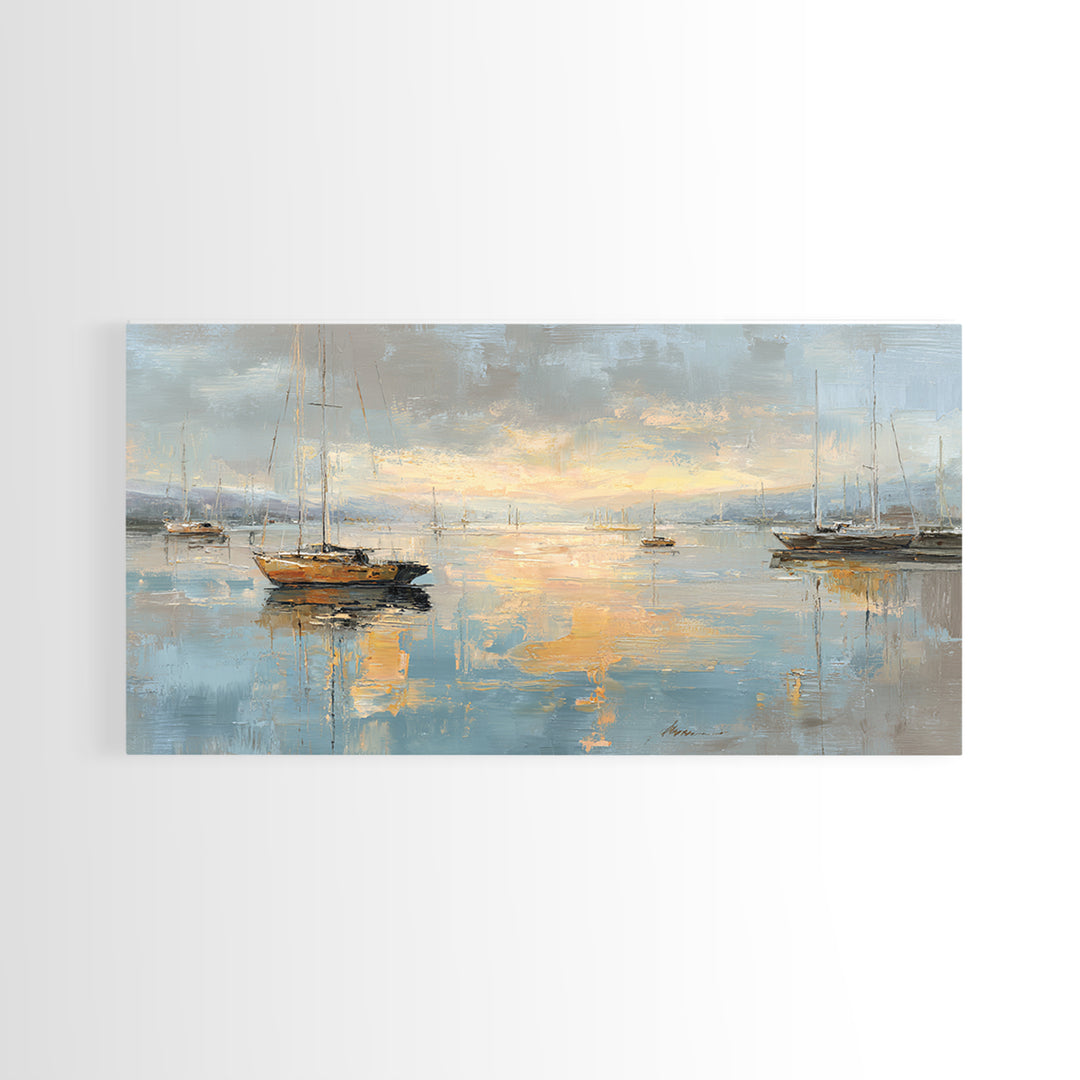 Foggy Harbor with Distant Boats Framed Canvas Print, Coastal Art, Coastal Decor, Fine Art, Coastal, Oyster Art, Gallery Decor, COA-2x1-80
