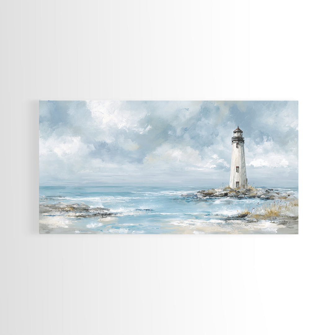 Whitewashed Lighthouse Against Cloudy Sky Canvas Print, Coastal Art, Printable Wall Art, Coastal Decor, Watercolor Art, Coastal, COA-2x1-98