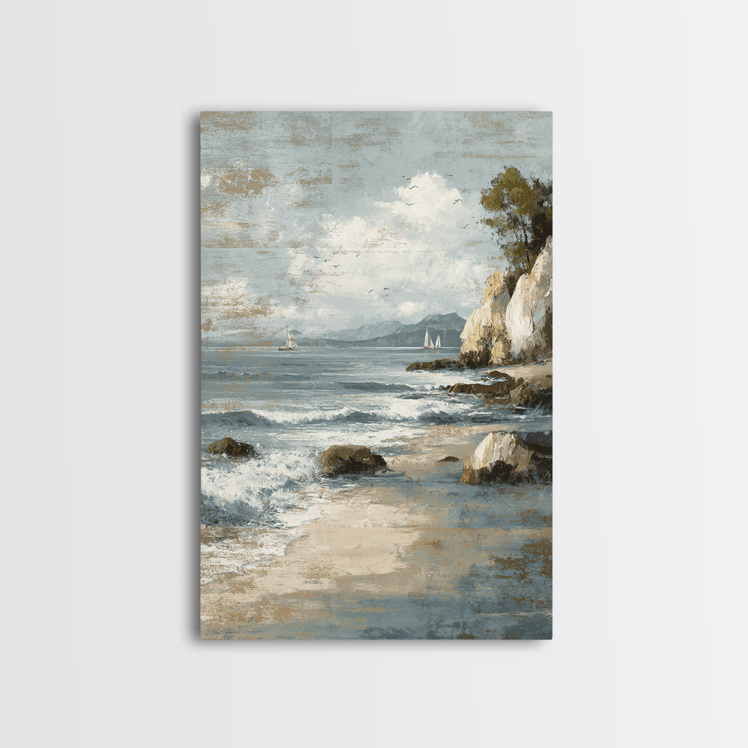 Mediterranean Cove with Cliff Shadows Framed Canvas Print, Coastal Art, Wall Art, Coastal Decor, Fine Art, Coastal, Bird Art, COA-2x3-1