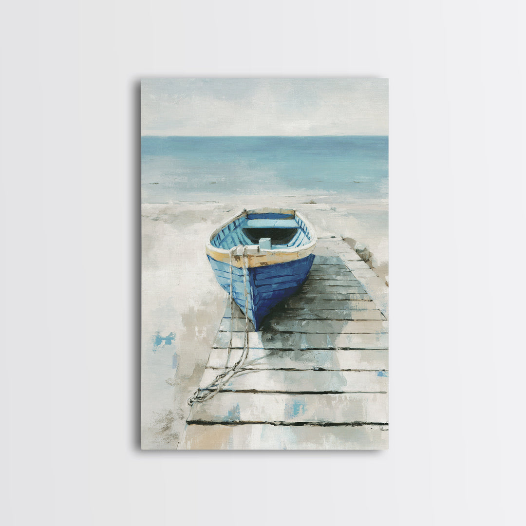 Small Rowboat Tied to a Wooden Dock Framed Canvas Print, Coastal Art, Room Decor, Coastal Decor, Oil Painting, Coastal, COA-2x3-51