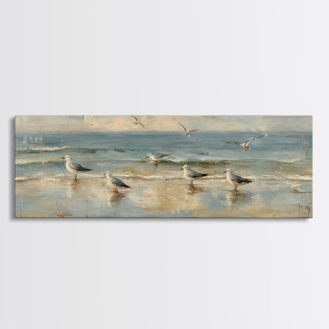 Seagulls Crossing a Muted Sky Framed Canvas Print, Coastal Art, Original Painting, Coastal Decor, Coastal, Beach Decor, COA-3x1-2
