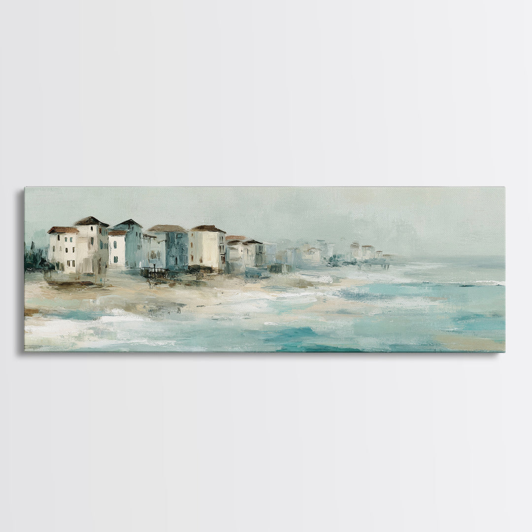 Coastal Village Rooftops Seen from the Sea Canvas Print, Coastal Art, Beach Wall Art, Coastal Decor, Abstract Art, Coastal, COA-3x1-25