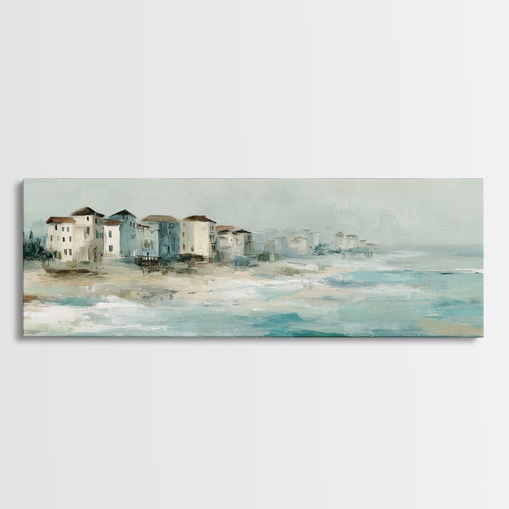 Coastal Village Rooftops Seen from the Sea Canvas Print, Coastal Art, Beach Wall Art, Coastal Decor, Abstract Art, Coastal, COA-3x1-25