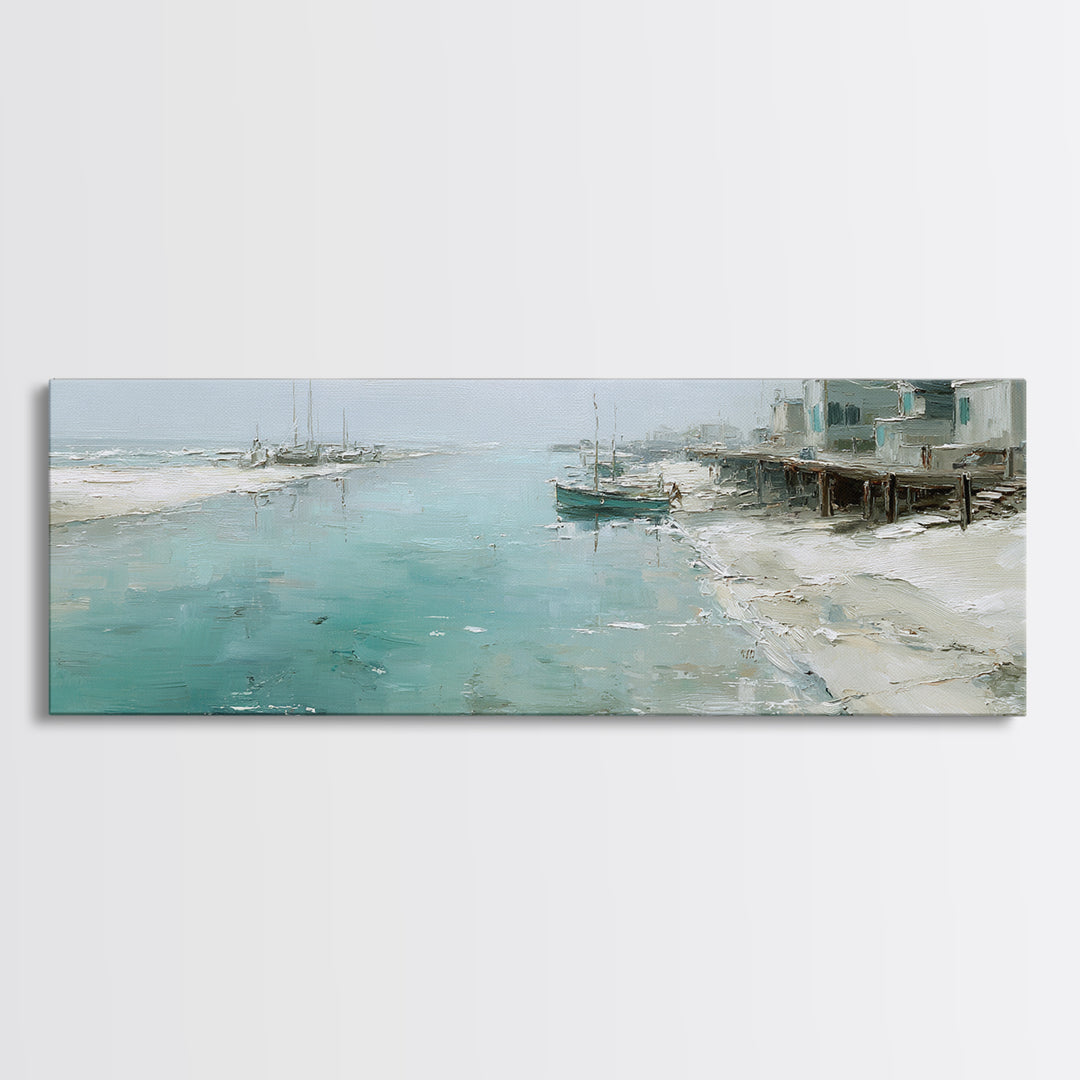 Foggy Harbor with Distant Boats Framed Canvas Print, Coastal Art, Ocean Wall Art, Coastal Decor, Oil Painting, Coastal, COA-3x1-28