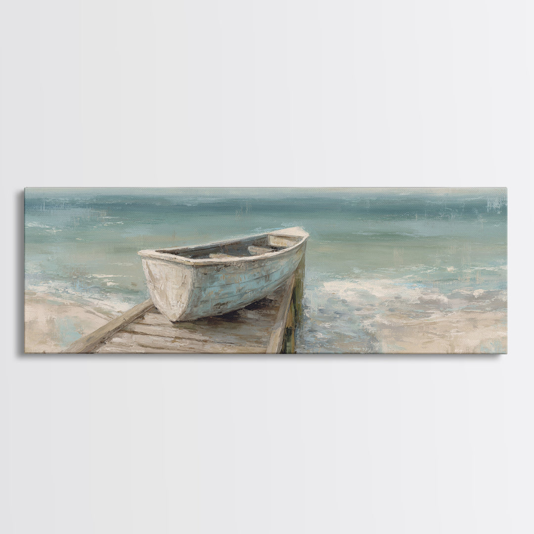 Small Rowboat Tied to a Wooden Dock Framed Canvas Print, Coastal Art, Wall Art, Coastal Decor, Fine Art, Coastal, Bird Art, COA-3x1-59